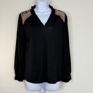 Lucky Brand Women's Embroidered V-Neck‎ Peasant Top Small Back Long Sleeve Boho